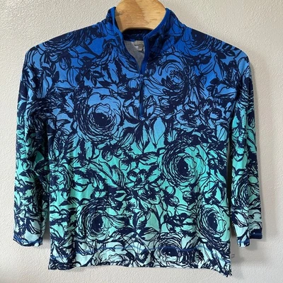 T by Talbots Size XL Floral Print 1/4 Zip Pullover Top Blue Green Long Sleeve - Image 1 of 4