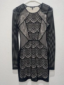 Express Black Beige Lace Crochet Mesh Bodycon Long Sleeve Dress Witchycore XS - Picture 1 of 9