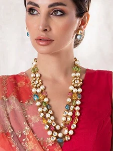 Bollywood Gold Plated Long Kundan Pearl Haar Necklace Wedding Indian Jewelry Set - Picture 1 of 4