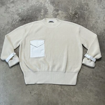 Suéter Zara Mujer Mediano Marfil Gran Tamaño Tejido Solapa Bolsillo Hebilla Manga Foto 1 de 4