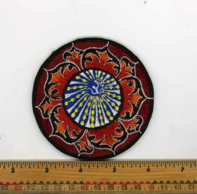 Embroidered White Om Sun rays Fancy Red Lotus Patch Fair Trade Nepal 3" Round - Image 1 of 4
