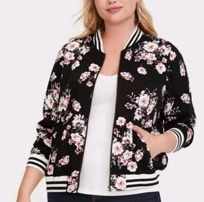 Torrid Bomber Jacket Sz 2 (18/20) Black Pink White Floral Zip Front Boho - Image 1 of 4