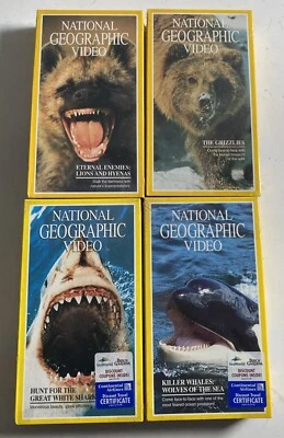 National Geographic Video VHS Lot 4 Lions & Hyenas Grizzlies Great White Shark - Image 1 of 4