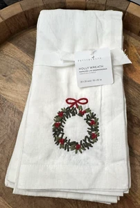 Set/4 Pottery Barn Holly Wreath Embroidered Linen/Cotton Napkins 20” X 20” NEW - Picture 1 of 8