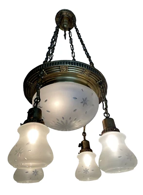 1910-20s antique brass 5 light chandelier - Image 1 of 4