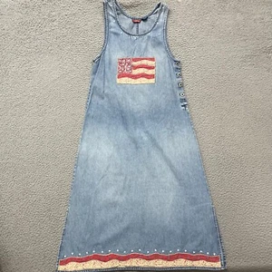 Vtg Denim USA Flag Dress Womens S Petite Jumper Sleeveless Y2K 90s Mom America - Picture 1 of 13