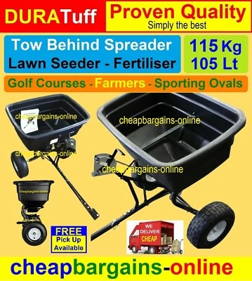 105 Lt TOW BEHIND SPREADER 115Kg SEEDER GARDEN LAWN 45000 SqFt ROTARY FERTILISER - image 1 of 4