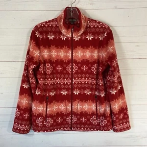 T by Talbots Womens Fair Isle Print Front Zip Fleece Jacket Sz Small Red Pockets - Picture 1 of 11