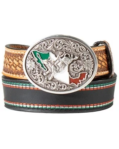 M and F Western Boys' Mexican Flag Tooled Leather Belt - D120003101 - Picture 1 of 7