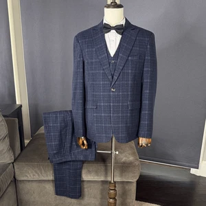 Mage Male 3 Piece Slim Fit Blue Plaid Suit One Button Peak Revers Size L NEU - Bild 1 von 16
