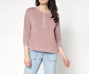 AnyBody Beach Wash French Terry Ribbed Mixed Henley Pullover Chai 1X - Picture 1 of 4