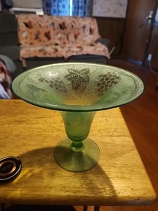 Fostoria Vaseline Glass 7" Etched Brocade Green Grape Footed Flared Vase - Picture 1 of 15