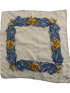 Vintage Handkerchief Hankie KATI w/ Cat Logo Floral Wreath Bright Blue & Yellow - Picture 1 of 6