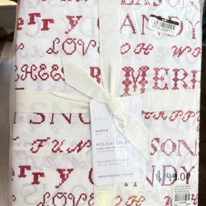 4-piece Pottery Barn Holiday Cheer Queen sheet set, Christmas, sentiment script - Picture 1 of 1