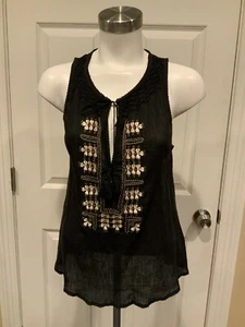 Joie Sheer Black Embroidered Tank Top W/ Tassle Tie, Size Small - Picture 1 of 8