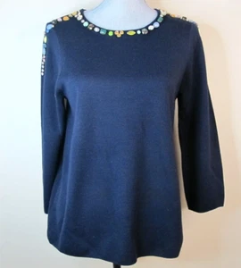 J. Crew Sweater Women's Medium Blue Jeweled Merino Wool Blend Pullover - Picture 1 of 7