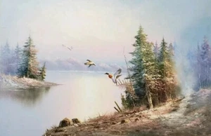 Oil on Canvas Flying Ducks by the Lake by the Forest. Unsigned - Picture 1 of 7