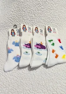4 Packs So Gsjc Pal Socks Angel/2-Hippo/Feet/  Size 4-10 White With Print   Crew - Picture 1 of 8