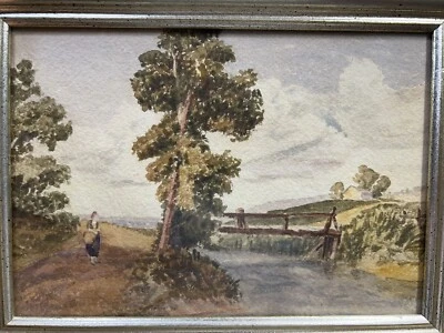 Antigua pintura acuarela de puente sobre arroyo en campo enmarcado 8x11" Foto 1 de 4