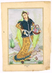 Persian Miniature Art Painting A Persian Woman With Basket On Paper 6.5x9 Inches - Picture 1 of 6