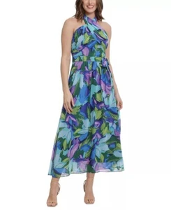 London Times Women's Blue Floral Wrap Halter Neck Maxi Dress Side-tie sash 16W - Picture 1 of 8