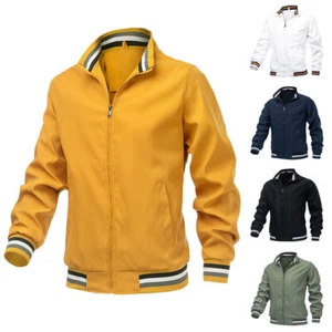 Mens Stand Collar Zipper Jacket with Side Pockets, Non-Hooded Windbreaker Coat - Picture 1 of 22