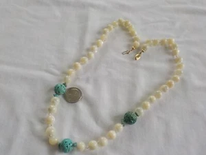 Vintage Iridescent MOP Necklace Hand Carved Turquoise Beads 14K GF Clasp 20" - Picture 1 of 6