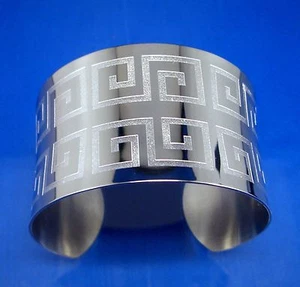 Stainless Steel Greek Key Wide Cuff Bangle, 1.5" Wide, 7" Wrist Size - Picture 1 of 4