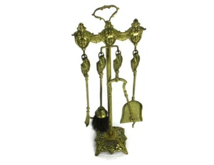 Gothic Superb Brass Fireplace Set Tools Vintage 4 Pieces Mythical figures Birds - Picture 1 of 6