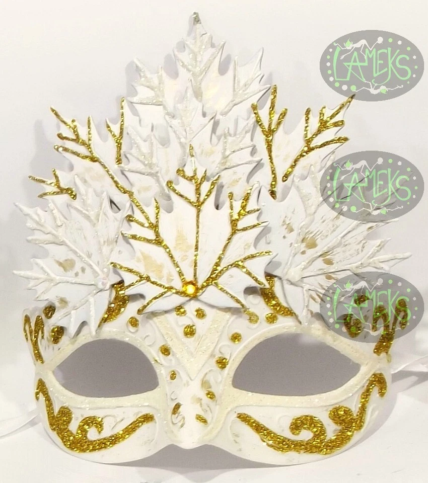 MASCHERINA VENEZIANA decorata foglia venezia maschera domino bianca bianco - Immagine 1 di 1