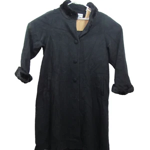 Albert Nipon Womens Coat Sz 14 Black Wool Faux Fur Long Button Front Vtg Classic - Picture 1 of 10