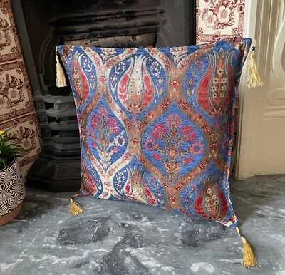 Blue Chenille Cushion Cover  Floral Throw Pillow  Boho Home Decor 40x40cm - Image 1 of 4