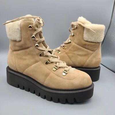 Stuart Weitzman combat  boots Chalet lug tan Suede faux fur lace up sz 8 new - Image 1 of 4