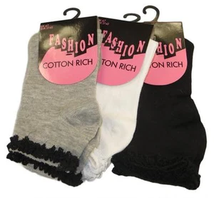 3 Paar Damen Mädchen Spitzensocken, schicke weiß grau schwarz modische Söckchen - Bild 1 von 1