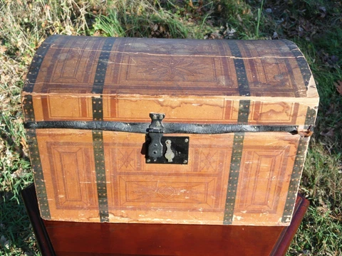 Antique Victorian Western Squares Paper Covered Miniature Trunk Dome Top Chest Cover