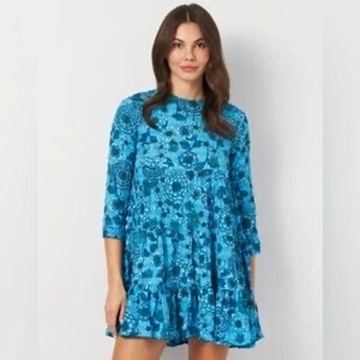 Vestido Babydoll Zara en Niveles Talla L Azul Mangas 3/4 Floral Mini Elastizado Boho Foto 1 de 4