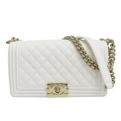 Bolso de Hombro Chanel Niño Cadena con Solapa Blanco Acolchado Cuero de Becerro Granulado Foto 1 de 4
