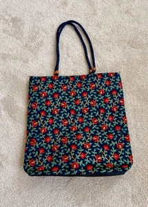 Floral Blue Embroidered Tote Bag, Top Zipper Closing, Inside Zipper Pocket!! - Picture 1 of 10