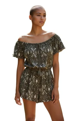 NWT Derek Heart Romper, shorts off shoulder Sleeves Womens Size L Green - Image 1 of 4