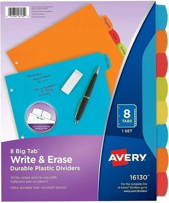 Avery Big Tab Write & Erase Durable Plastic Dividers, 8 Multicolor Tabs,24 Packs - Image 1 of 4