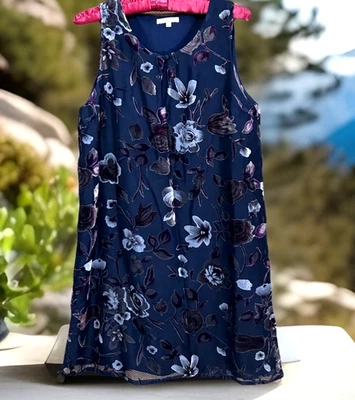 Mystree Dress S Navy Blue Boho Floral Velvet Burnout Fairycore Whimsygoth Shift - Image 1 of 4