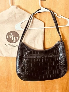 Monsac Damen Schokolade Leder Schultertasche Reißverschlüsse Staubbeutel/Zertifikat Mokassin Kroko - Bild 1 von 17