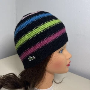 Lacoste Beanie Mütze Mehrfarbig Streifen & Schwarz Strick 100% Wolle Made In Italy - Bild 1 von 8