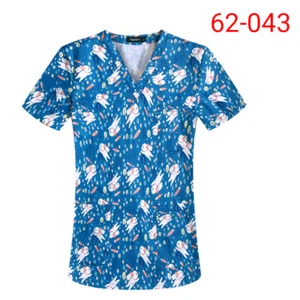 Unisex Scrub Tops Women Men Short Sleeve Printed Cotton Shirt Medical Nurse - Picture 1 of 37