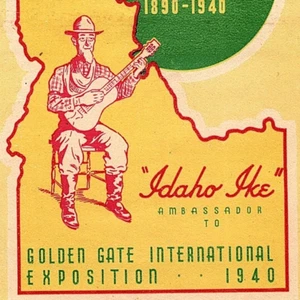1940 Idaho Ike GGIE San Francisco CA World's Fair Travel Luggage Label Decal - Picture 1 of 3