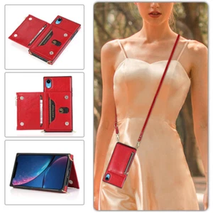 Zipper Cross Body Lanyard Wallet Phone Case for iPhone 15 16 & Samsung S24 S23 - Picture 1 of 19