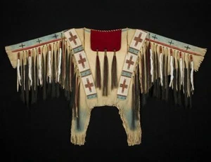 Camisa de guerra Powwow con flecos piel de cordero estilo americano antiguo PWS149 - Imagen 1 de 3