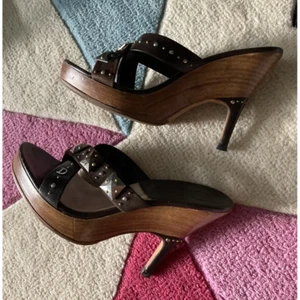 Dior Vintage Y2K Brown Leather Wood High Heel Slide Sandals Mules Studded 36 5.5 - Picture 1 of 5