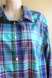 Chaps Plaid Cotton Shirt Womens Plus 1X No Iron Blue Aqua Purple Button LS - Picture 1 of 7