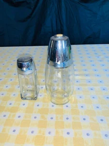 Vintage Retro Sugar Dispenser Glass Silver Chrome Lid w/ Toggle AND Salt Shaker - Picture 1 of 3